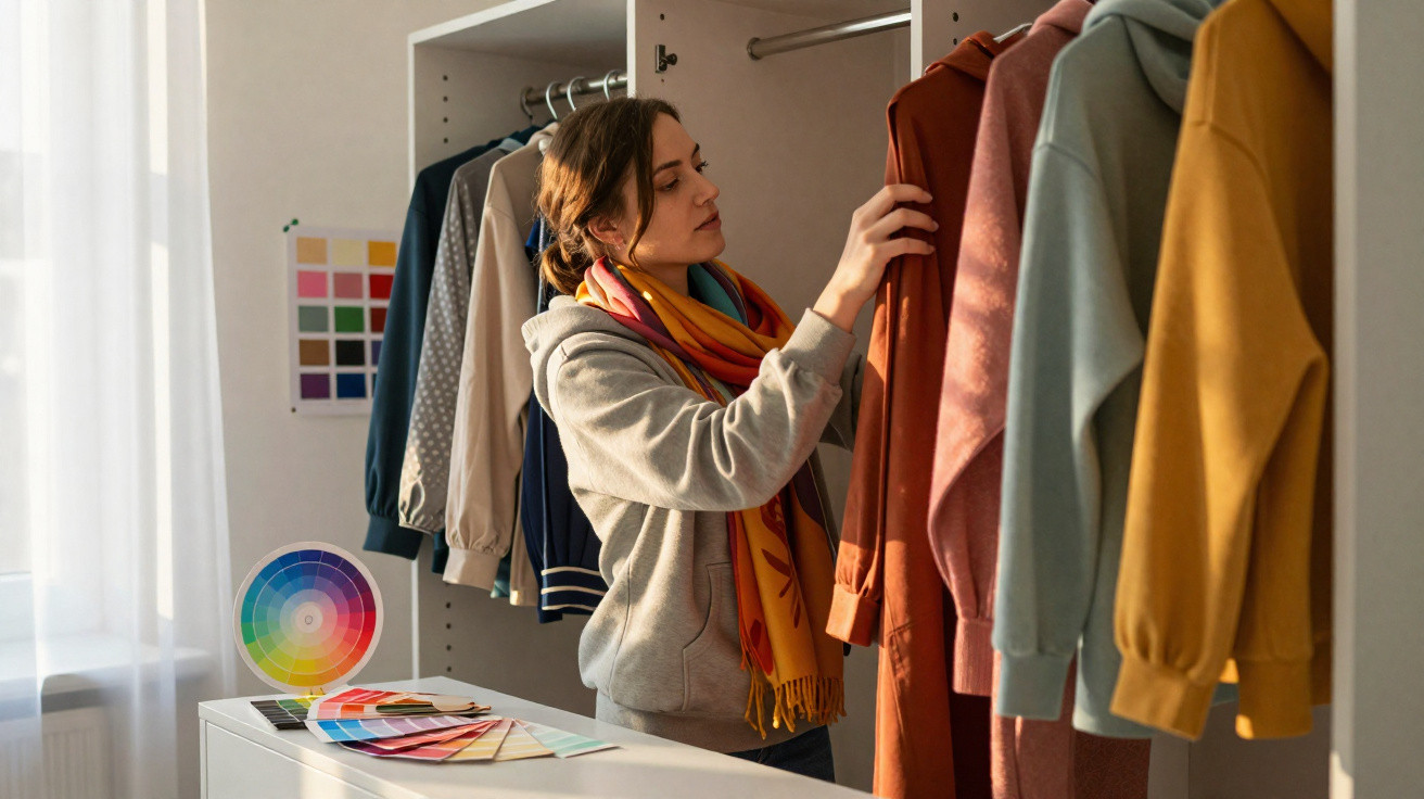 Mulher escolhendo casaco em guarda-roupa com amostras de cores sobre bancada iluminada pela janela.
