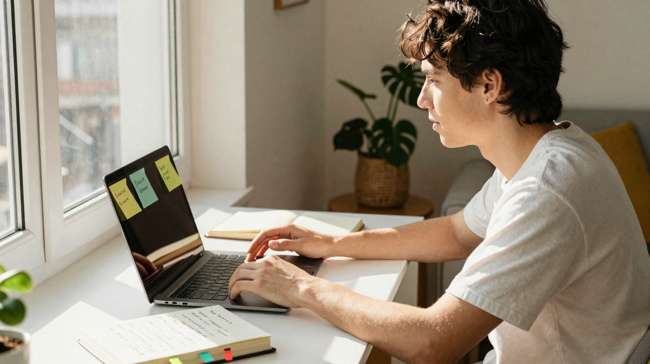 Jovem usando laptop em mesa perto da janela com cadernos e planta ao fundo.