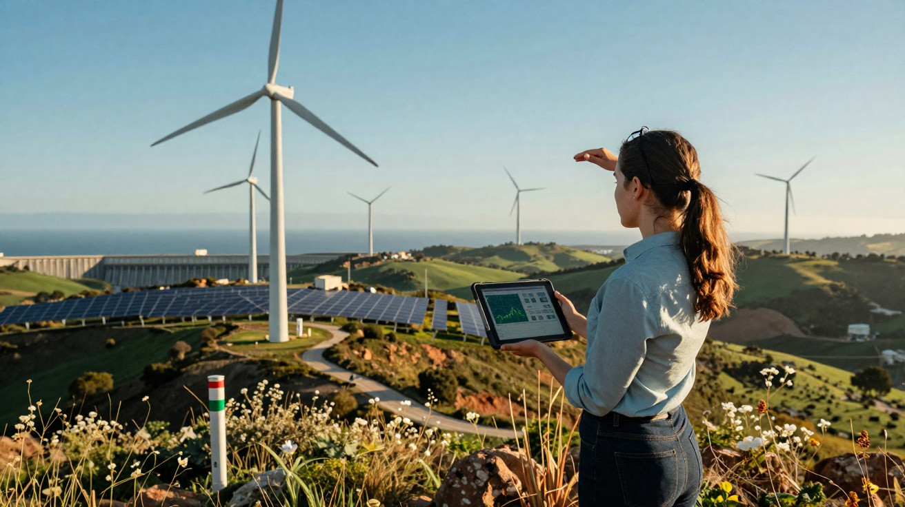 Mulher com tablet observa turbinas eólicas e painéis solares em áreas verdes ao entardecer.