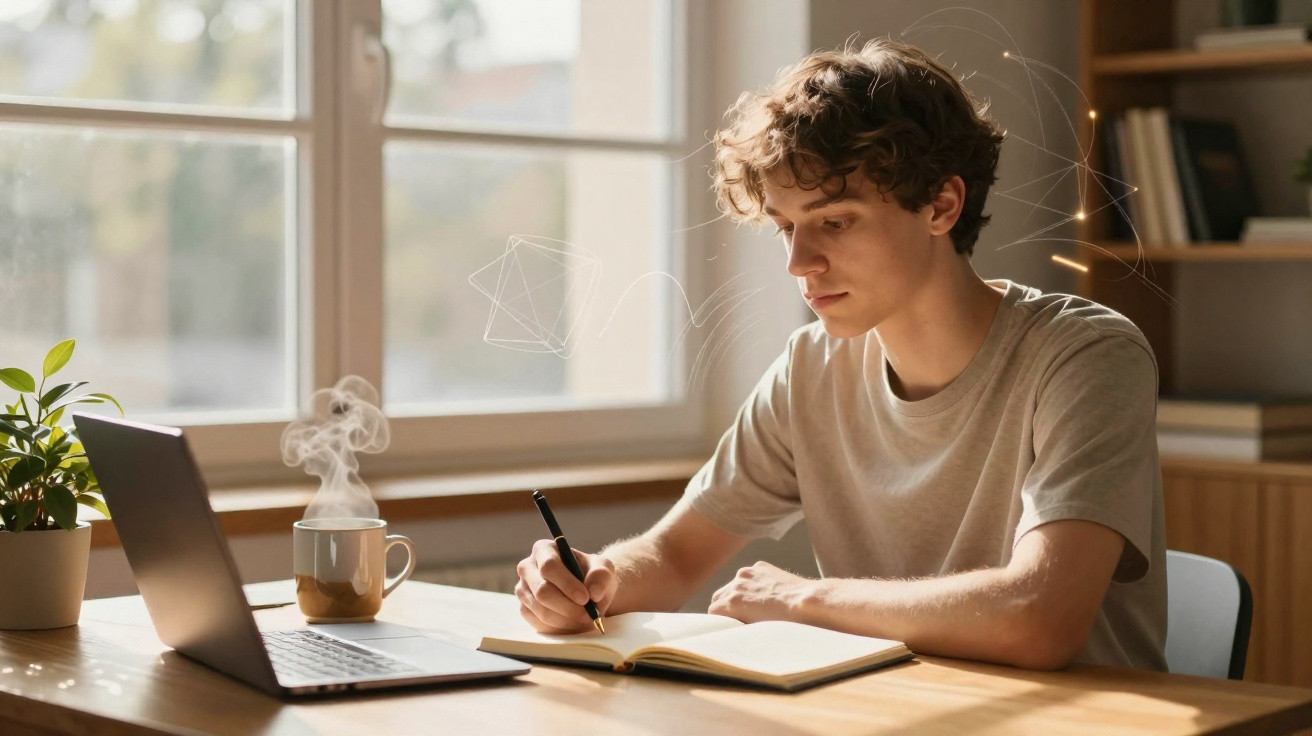 Jovem estudando e escrevendo em caderno com notebook e xícara de café ao lado em ambiente iluminado.