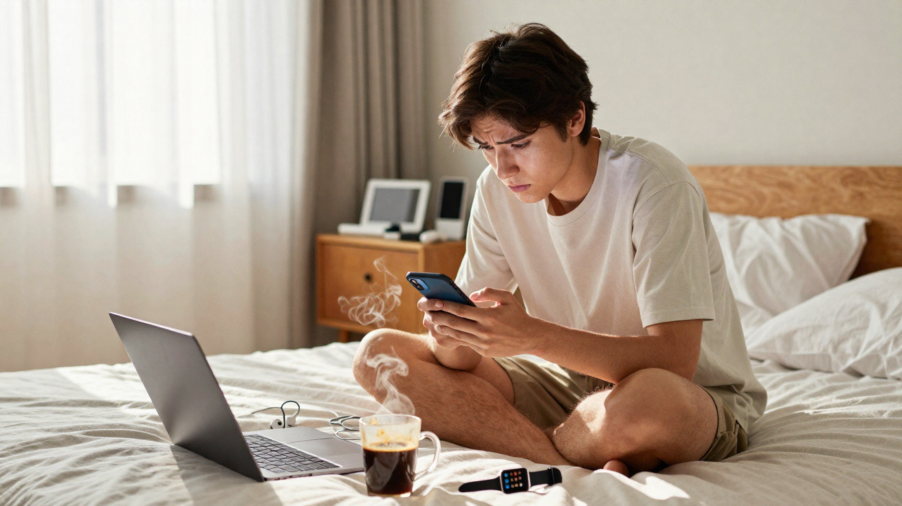 Jovem sentado na cama concentrado no celular, com laptop, smartwatch e café ao seu lado.