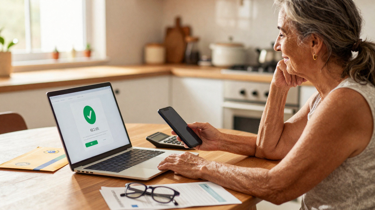 Mulher sorridente fazendo pagamento online no laptop enquanto segura celular em cozinha iluminada.