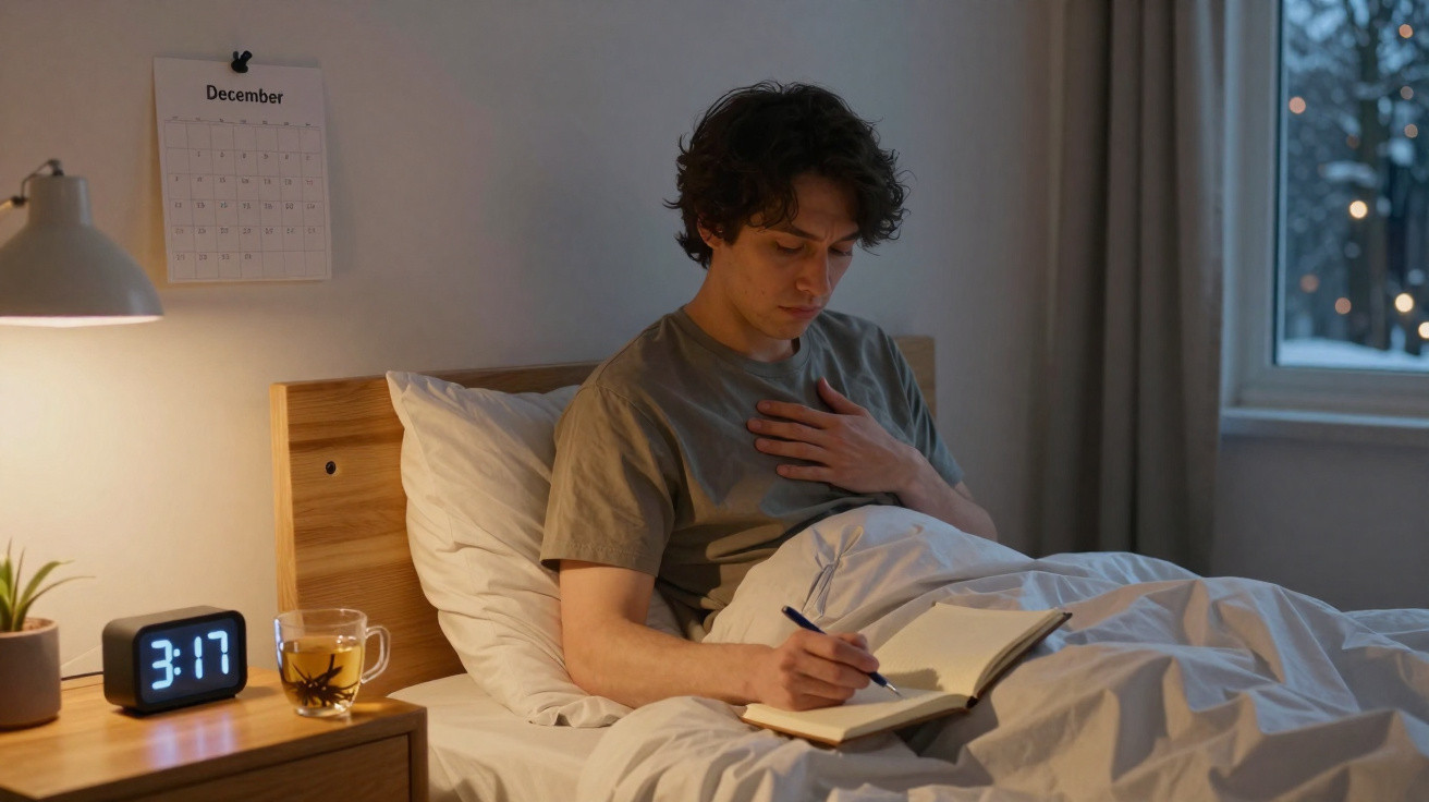 Homem sentado na cama à noite escrevendo em um caderno, ao lado despertador marcando 3:17 e xícara de chá.