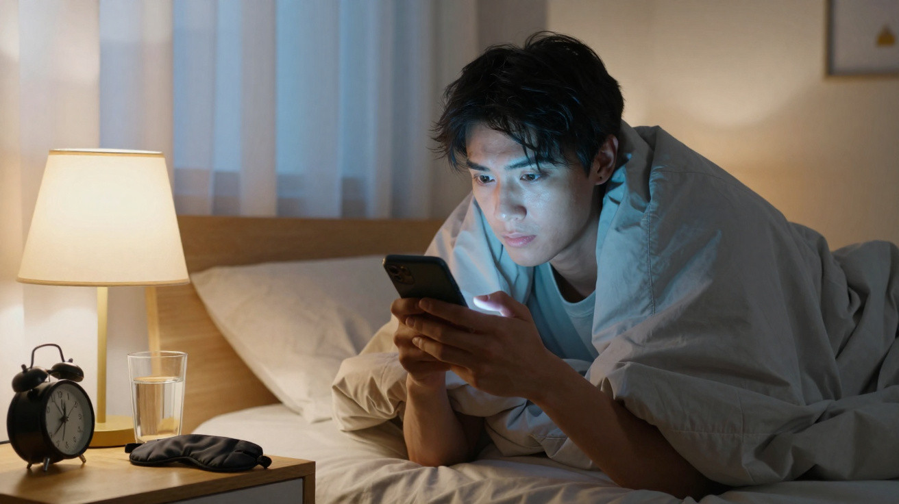 Homem deitado na cama à noite usando celular, ao lado de abajur, copo d'água, despertador e máscara de dormir.
