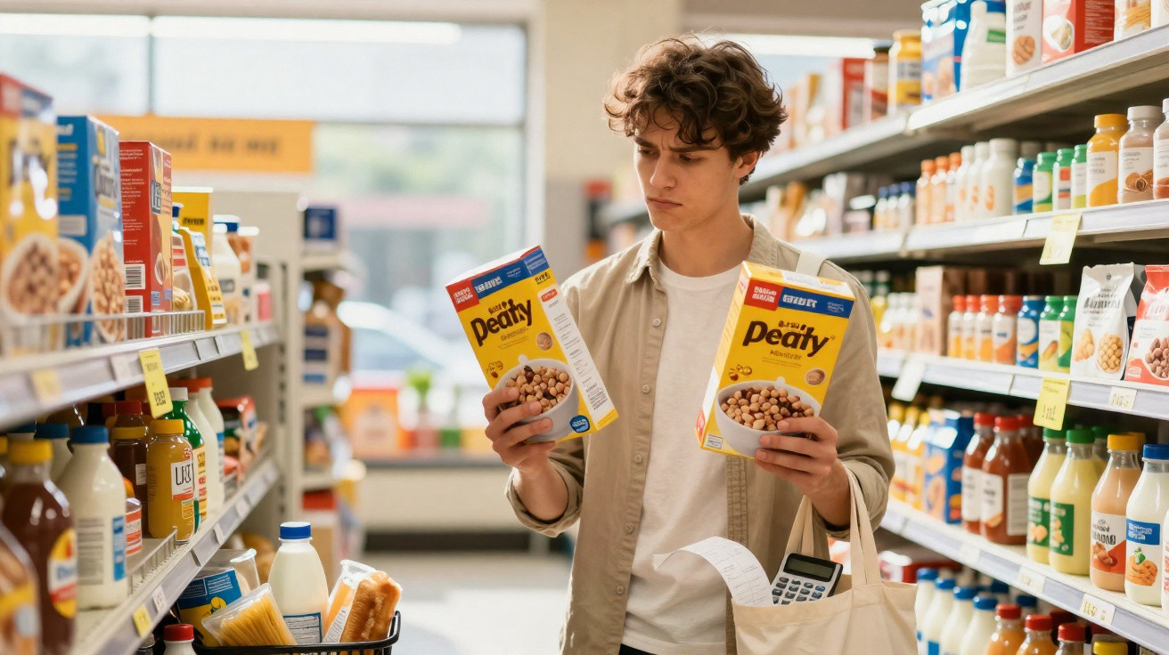Jovem analisando duas caixas de cereal em corredor de supermercado, segurando sacola com calculadora e recibo.
