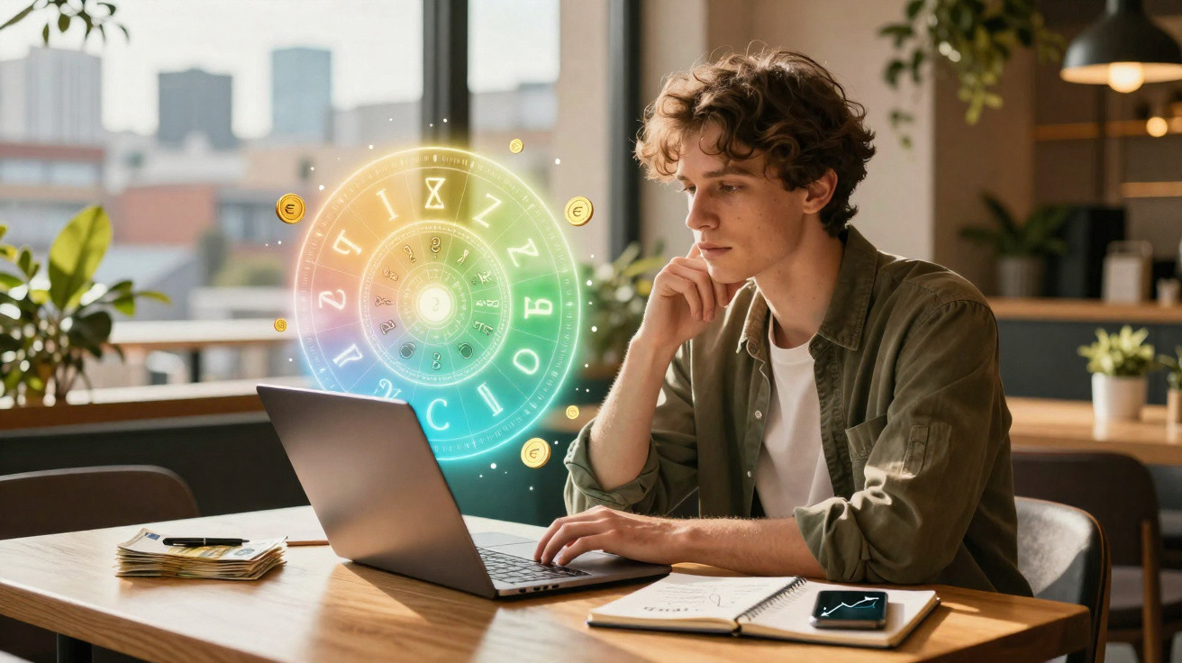 Jovem analisando gráficos e sinais digitais coloridos em notebook, sentado em mesa com caderno e celular.