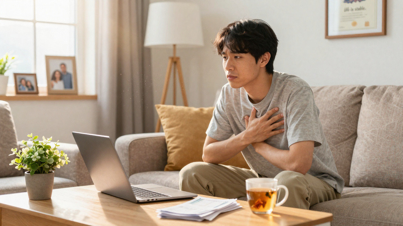 Homem sentado no sofá com as mãos no peito, aparentando desconforto, olhando para o laptop na mesa.
