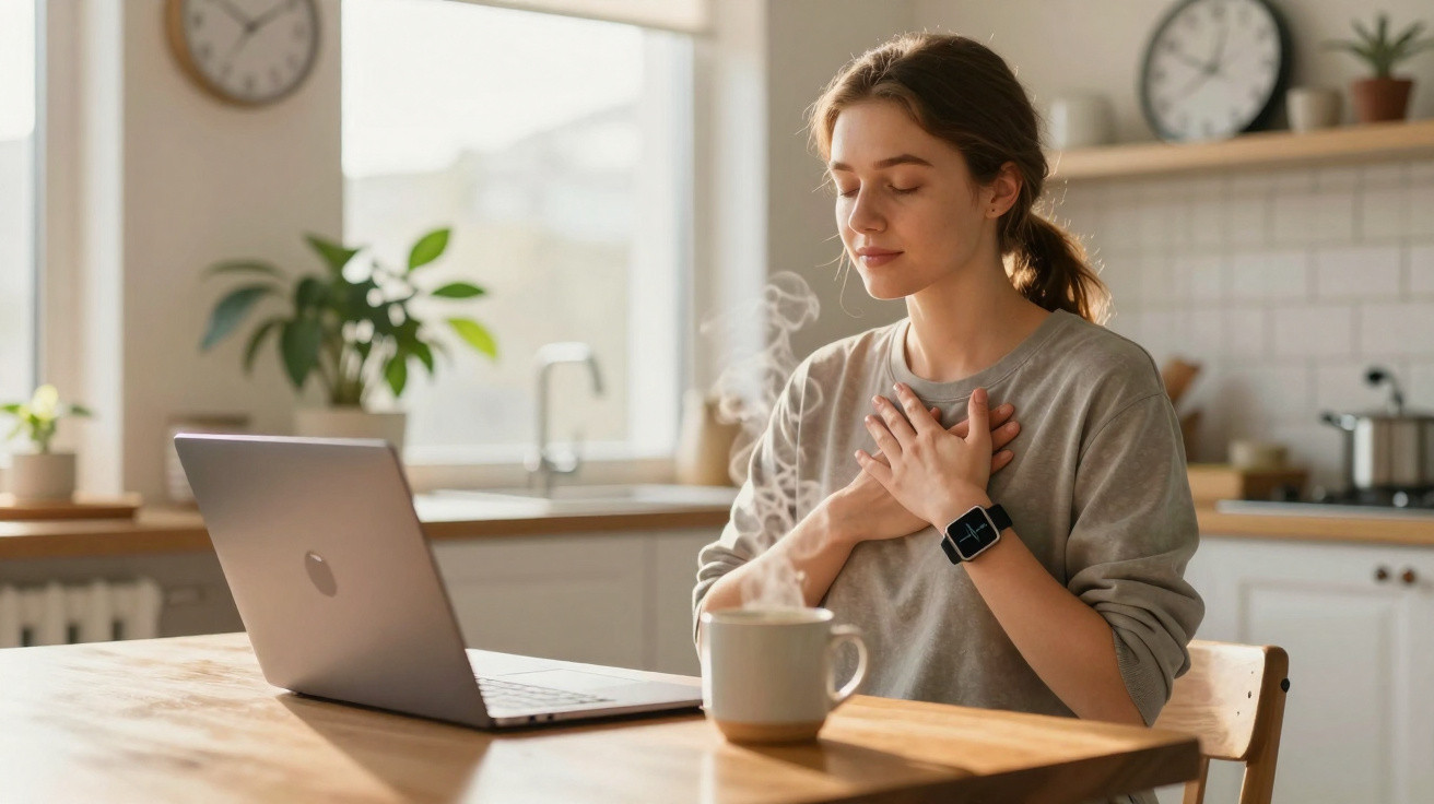 Mulher sentada à mesa com laptop, olhos fechados e mãos no peito em ambiente de cozinha iluminada.