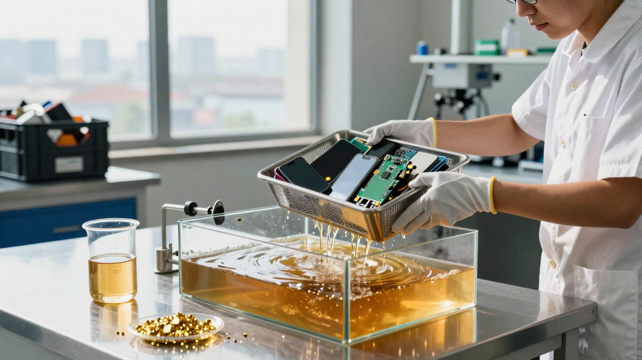 Técnico descarta componentes eletrônicos em líquido dourado dentro de tanque em laboratório moderno.