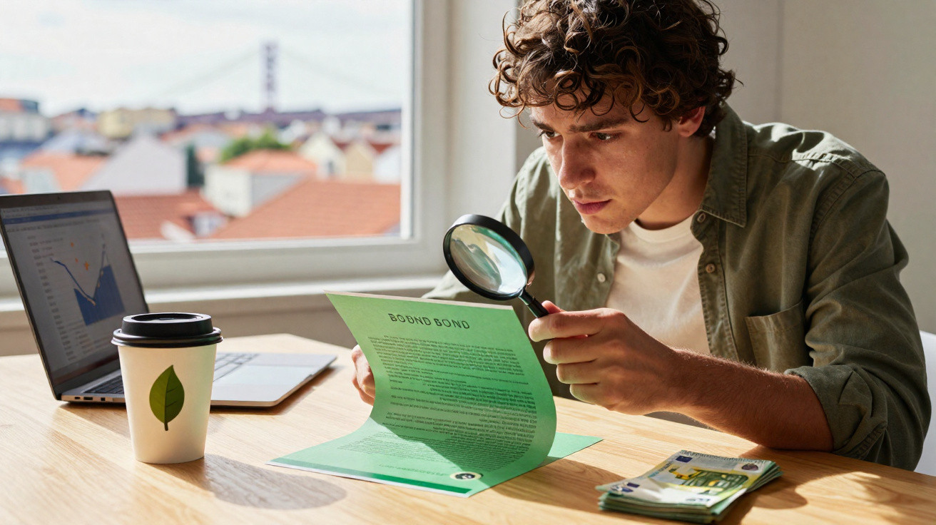 Jovem analisando documento verde com lupa sentado à mesa com laptop, café e dinheiro ao fundo.