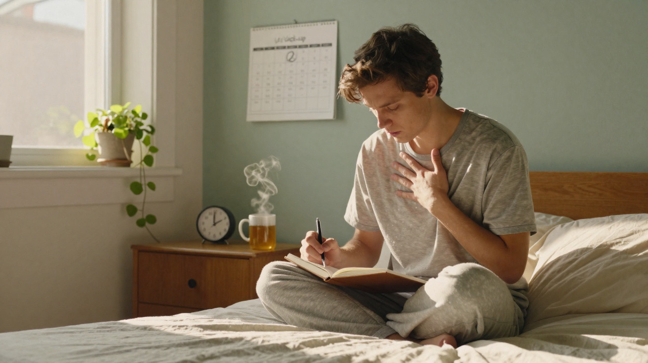 Jovem sentado na cama escrevendo em um caderno, com xícara de chá quente e relógio no criado-mudo.