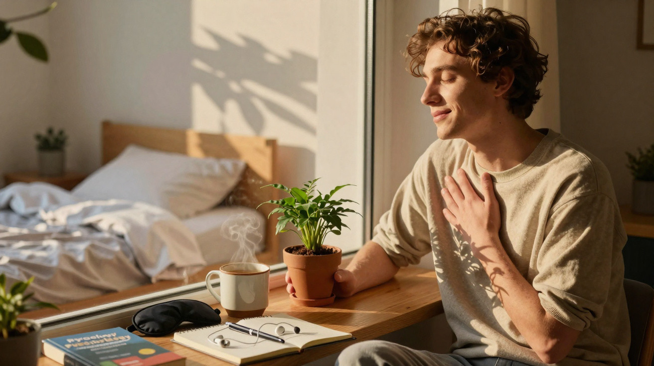 Jovem sentado à mesa junto à janela, segurando planta e apreciando a luz do sol em um quarto.