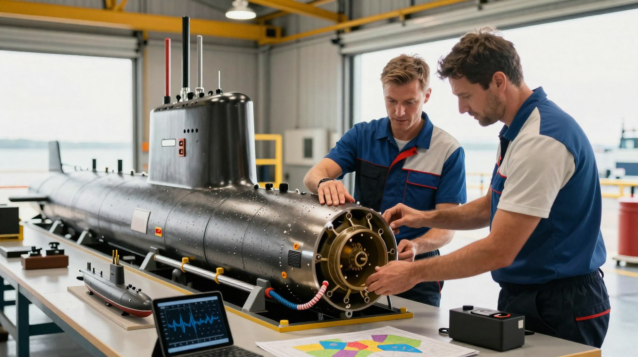 Dois engenheiros trabalham no interior de um estaleiro em um modelo de submarino preto detalhado.