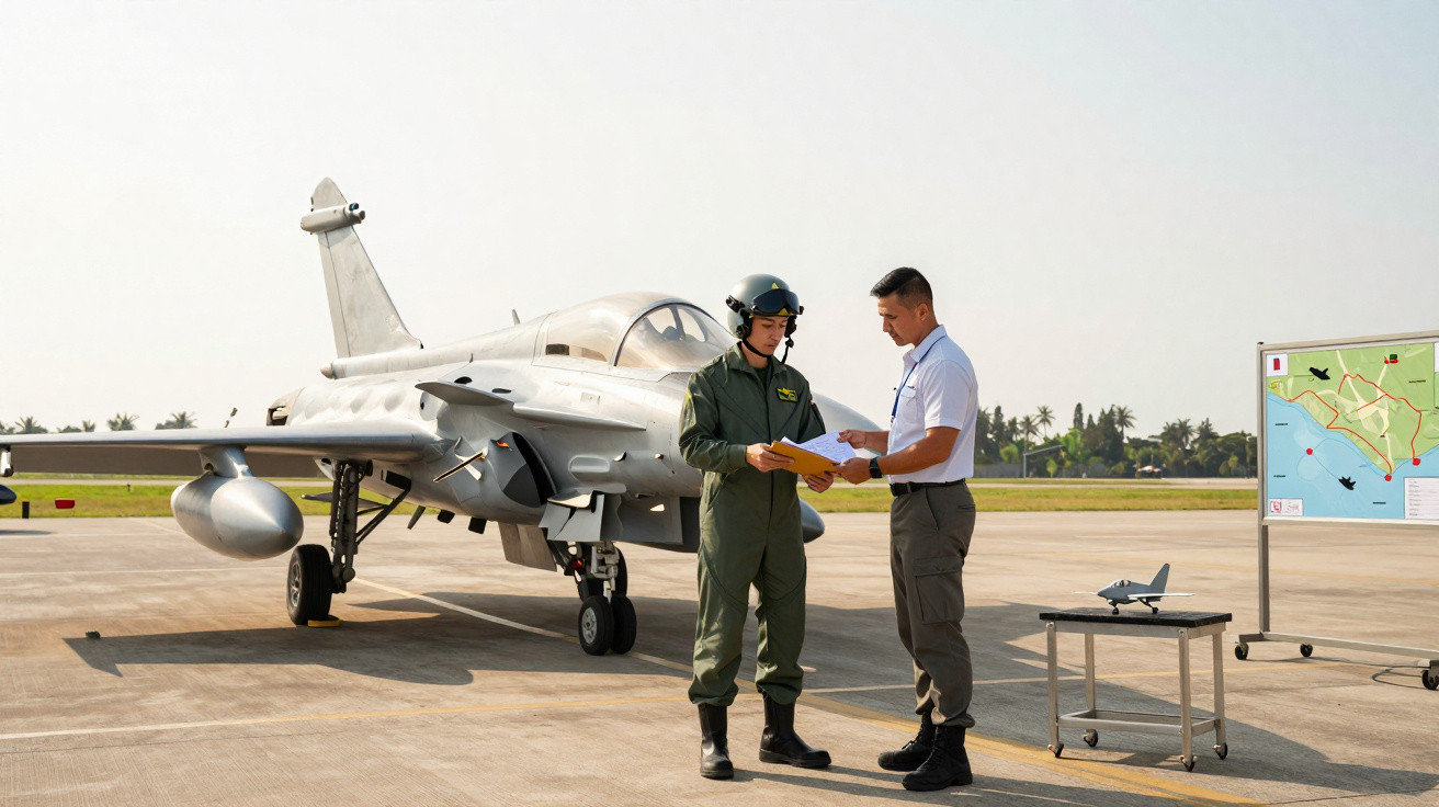 Piloto militar e chefe discutem documentos ao lado de caça em pista com mapa e modelo de avião.