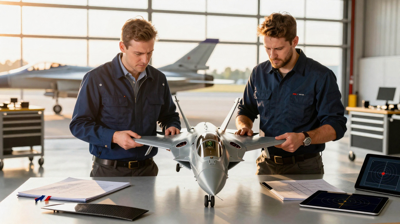 Dois engenheiros analisam o modelo de um jato em hangar com equipamentos ao redor.