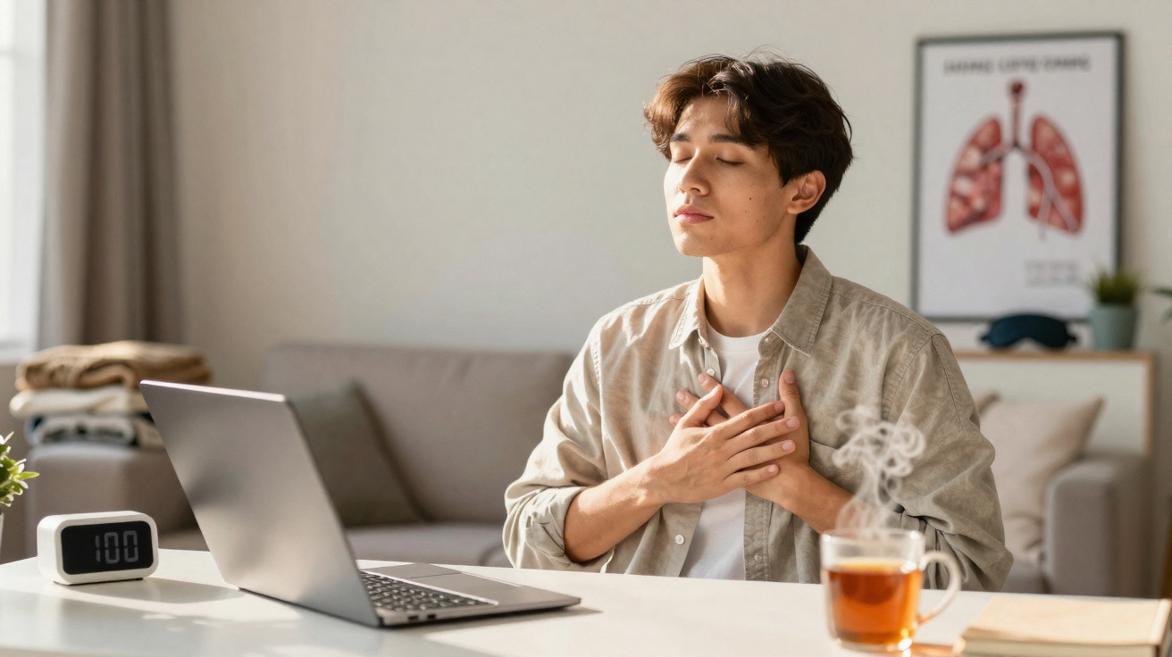 Jovem sentado em mesa com laptop, mãos no peito e expressão de desconforto no ambiente de casa.