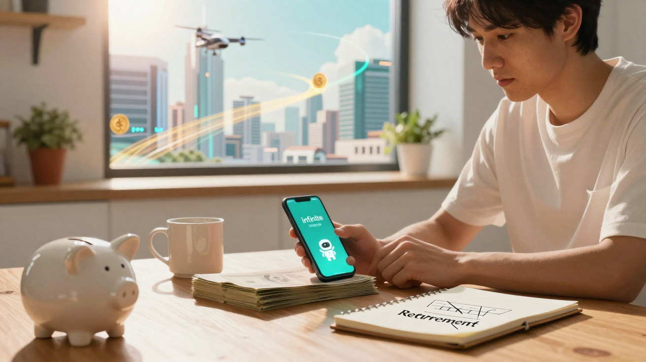 Jovem usando smartphone com app financeiro, cofrinho, pilha de dinheiro e caderno com palavra "Retirement" na mesa.