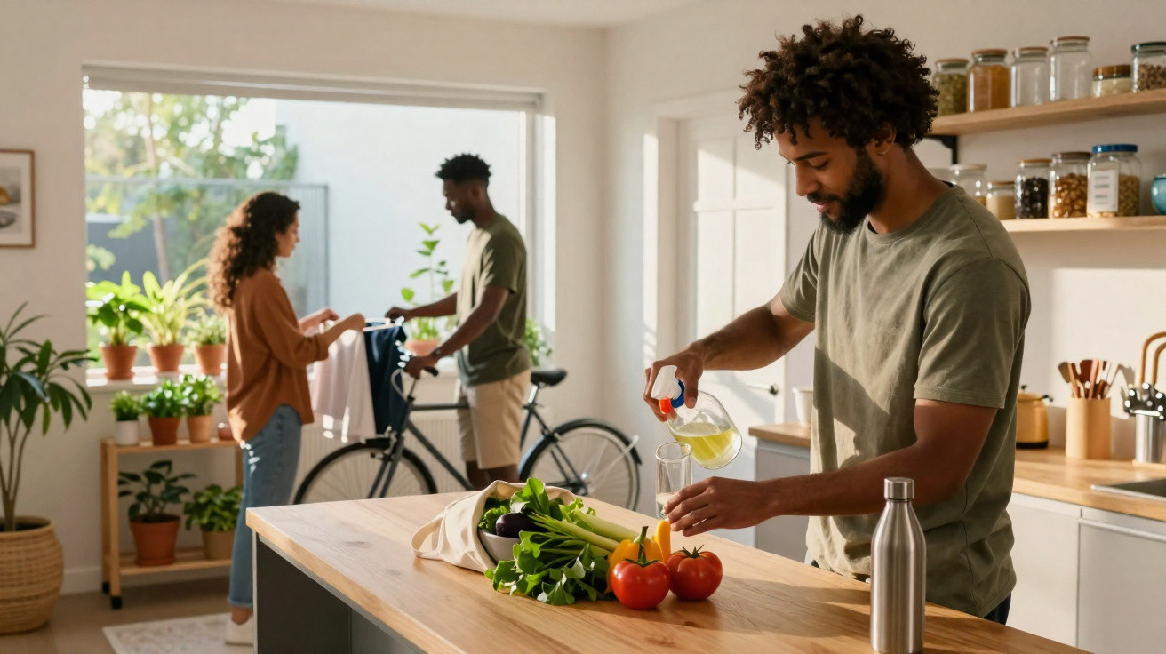 Homem servindo suco na cozinha enquanto casal conversa próximo à porta com bicicleta ao fundo.