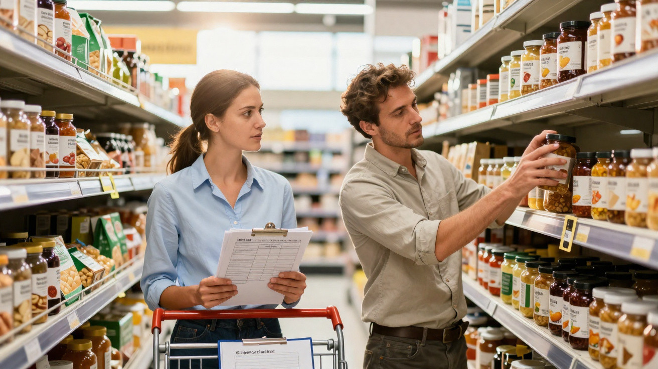 Casal no supermercado consultando rótulos de alimentos enquanto faz compras com lista.