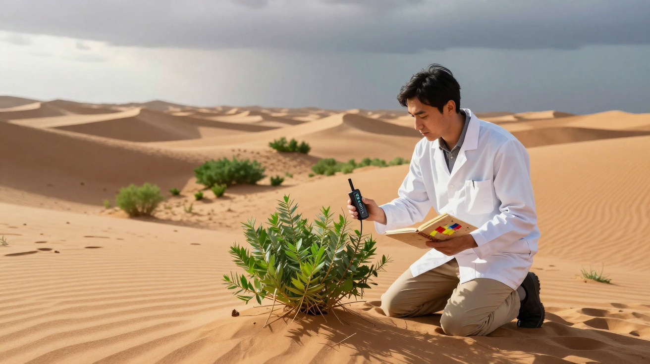 Cientista com jaleco analisa planta no deserto segurando rádio comunicador e caderno.