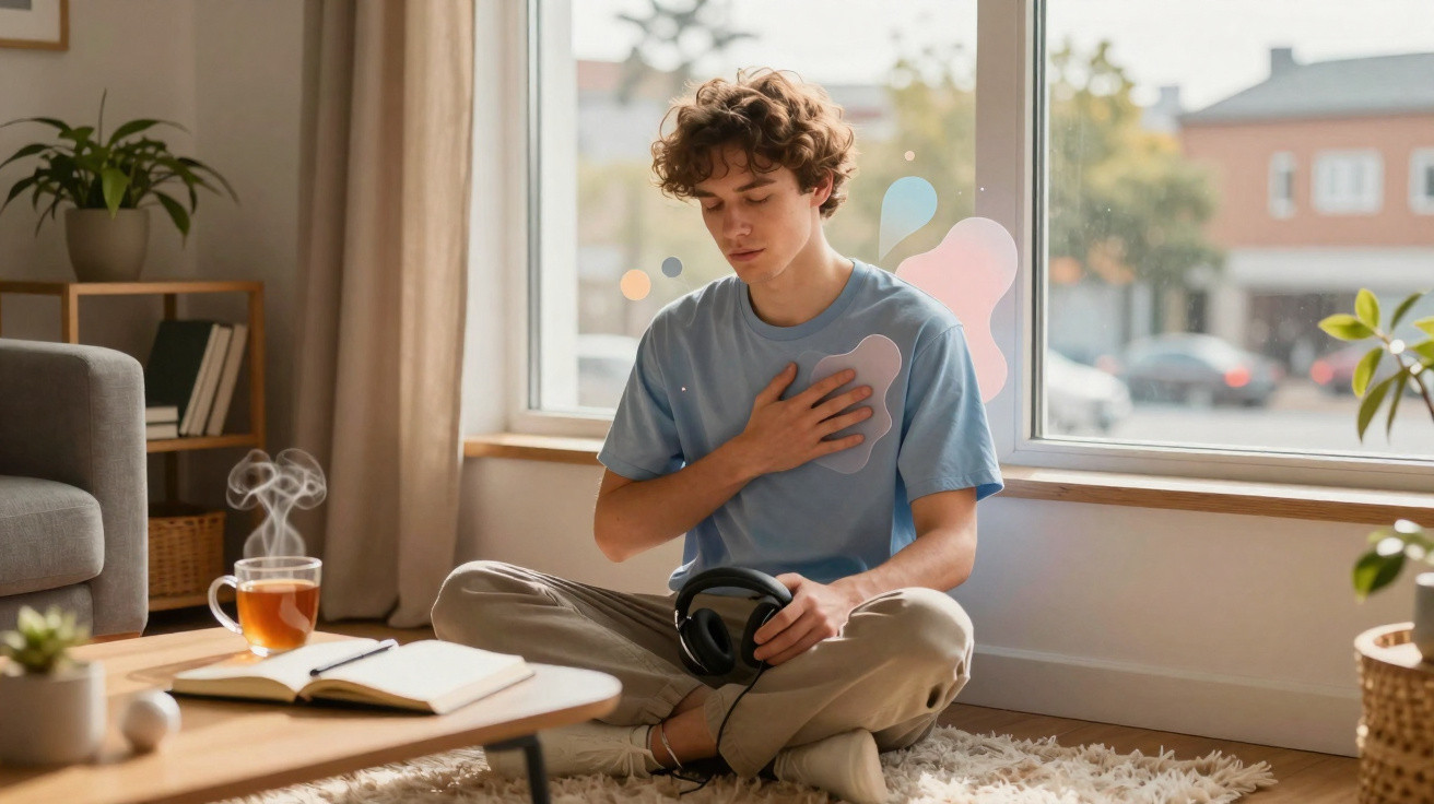 Jovem sentado no chão com expressão de dor e mão no peito, ao lado de chá e livro.