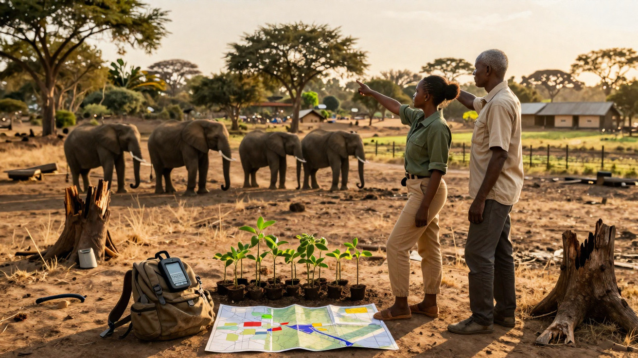 Duas pessoas observam elefantes em savana, com muda de plantas, mochila e mapa no chão ao pôr do sol.