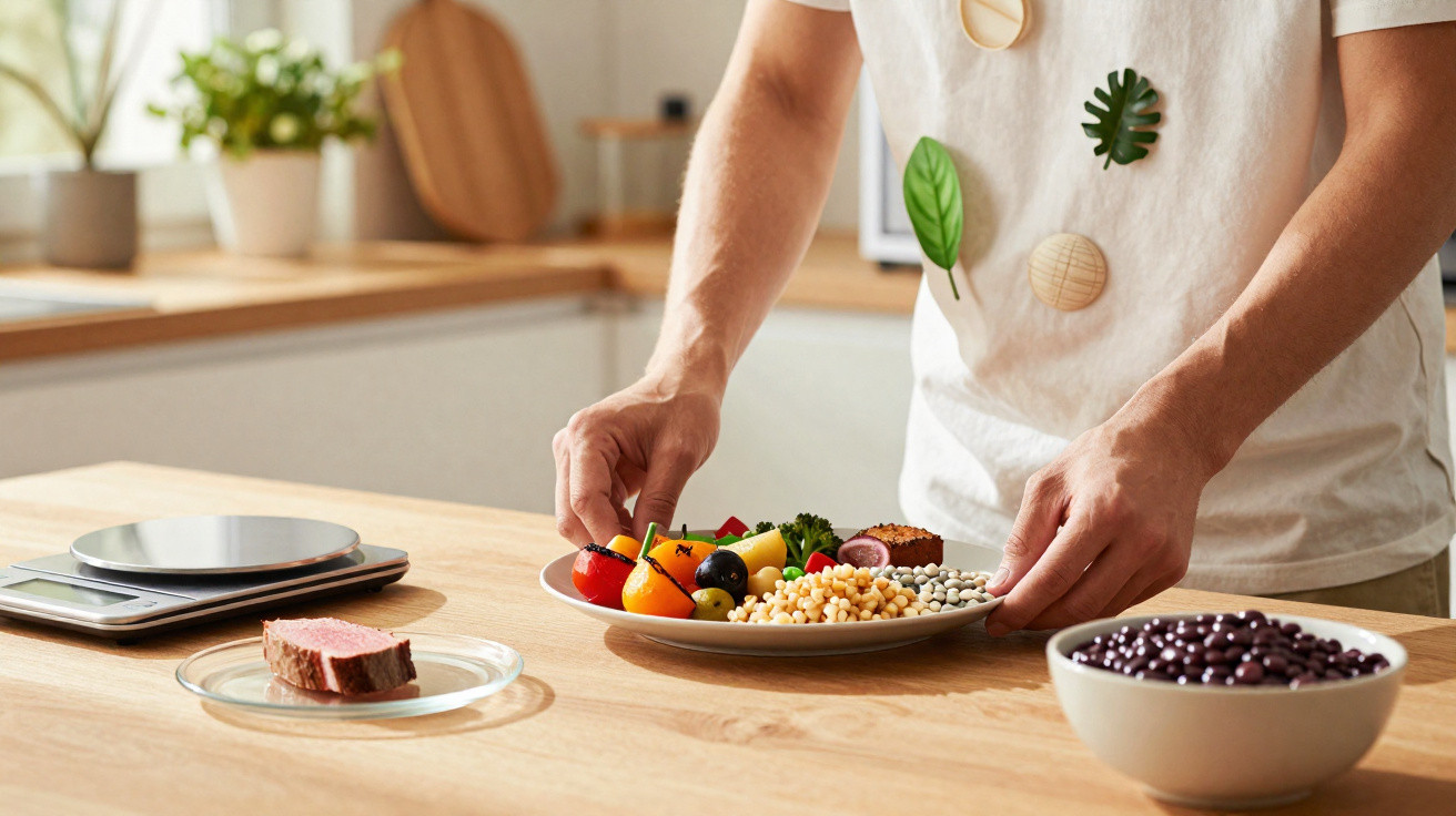 Pessoa preparando prato com variedade de alimentos saudáveis sobre mesa de madeira em cozinha.