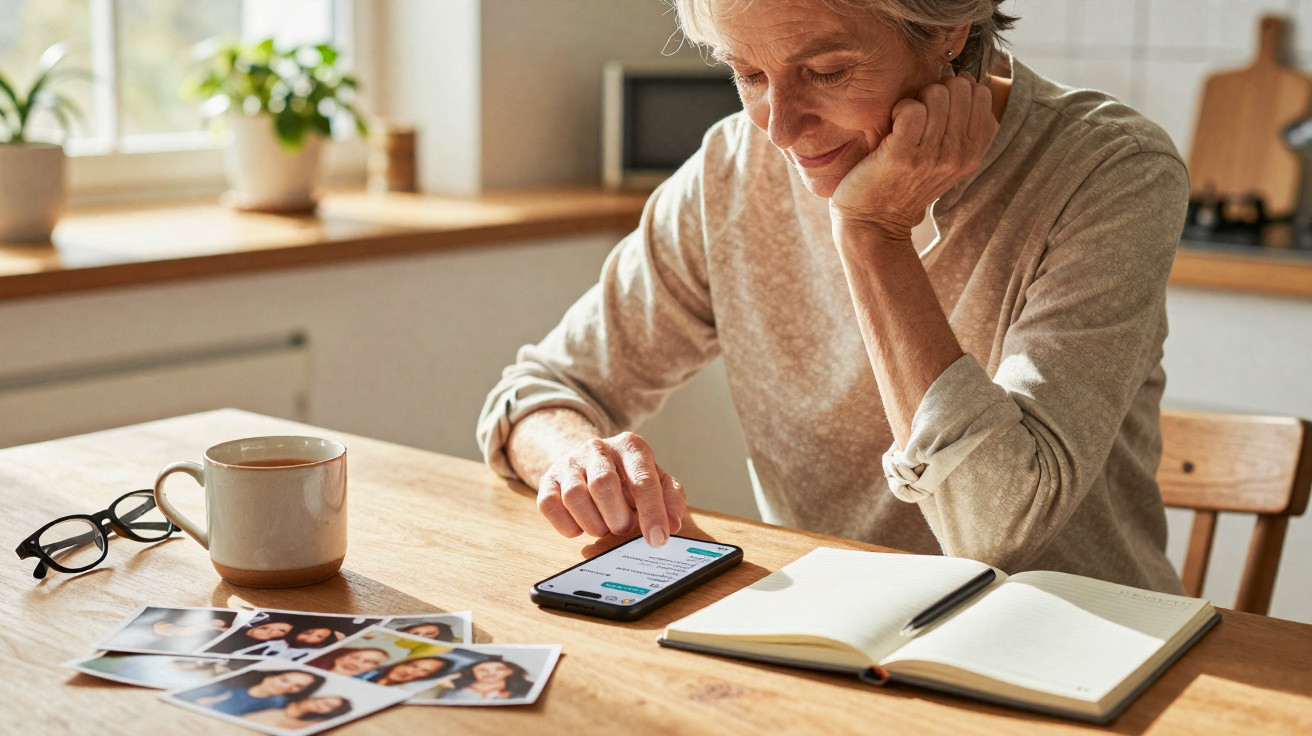 Mulher idosa sentada à mesa usando celular, com fotos, caderno, caneca e óculos à frente.