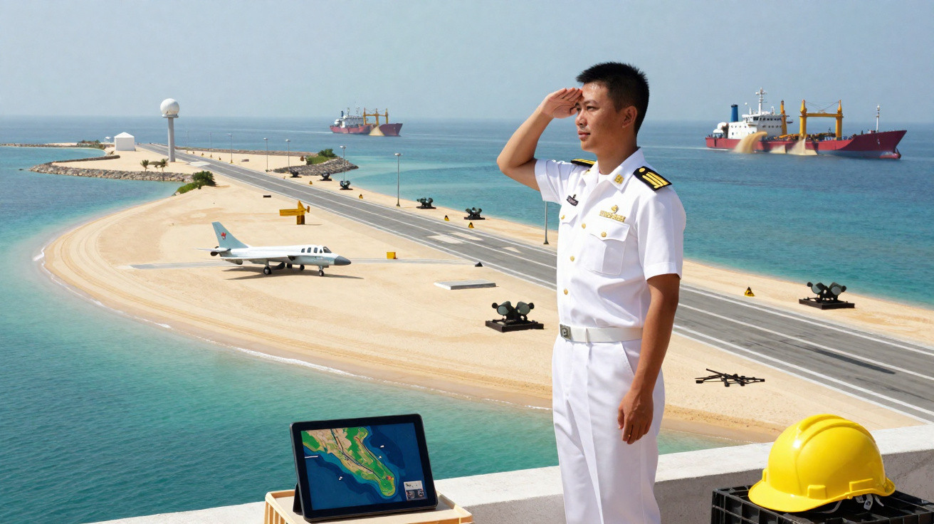 Marinheiro em uniforme branco fazendo continência em base militar costeira com pista de avião e navios ao fundo.