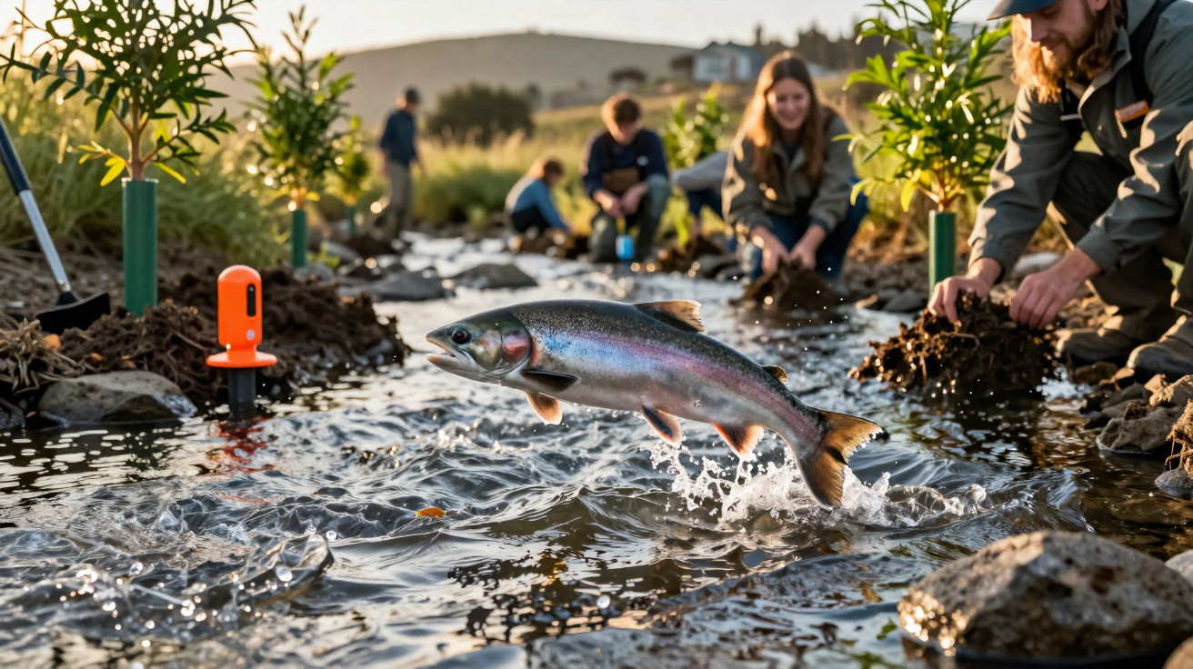 Peixe saltando em riacho com pessoas observando e plantas ao redor em ambiente natural.