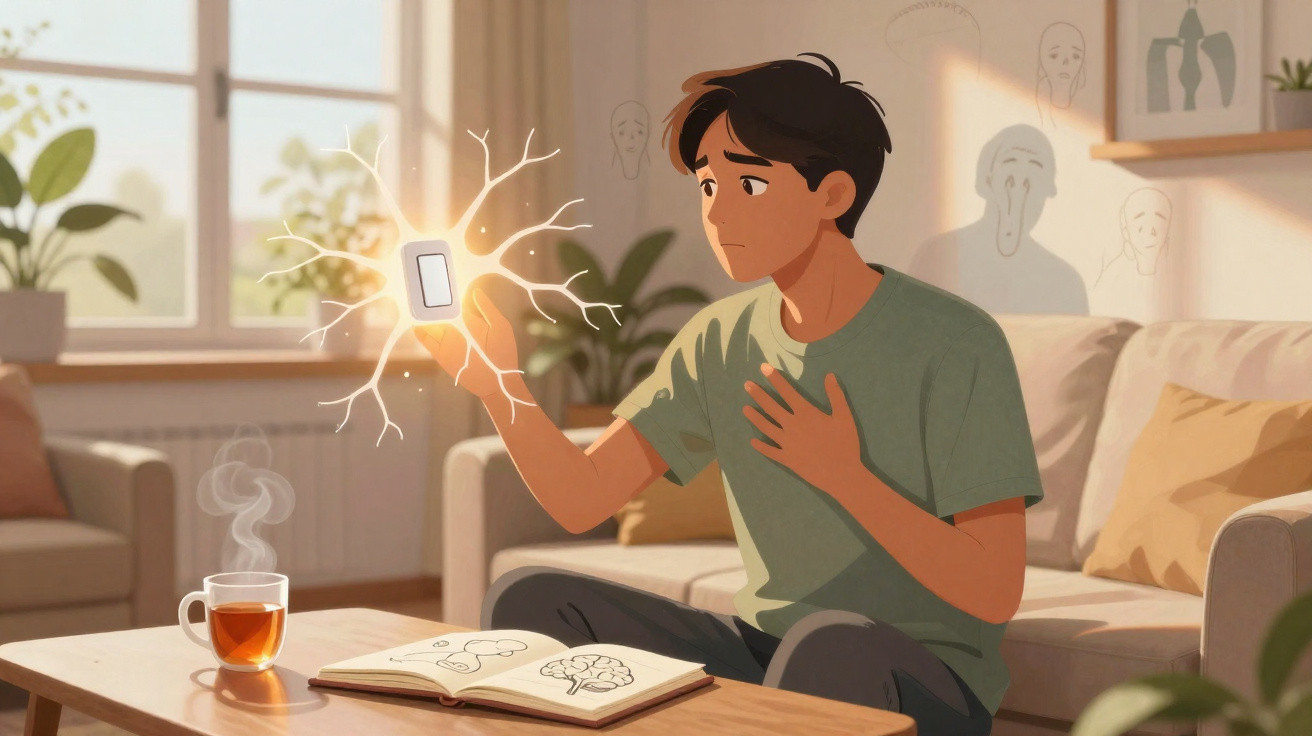 Jovem sentado no sofá observa celular brilhando com nervos ao redor, livro aberto e xícara de chá na mesa.