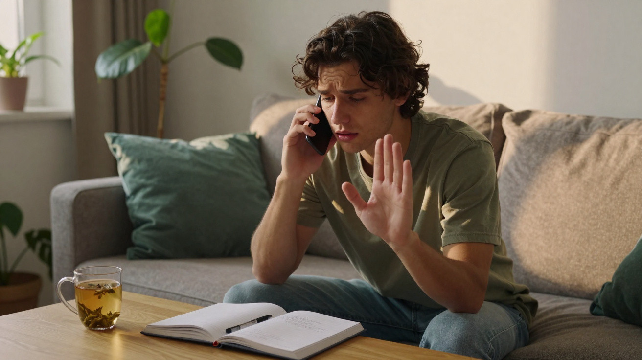 Jovem sentado no sofá fala ao celular com expressão séria e mão levantada, com caderno e chá na mesa.