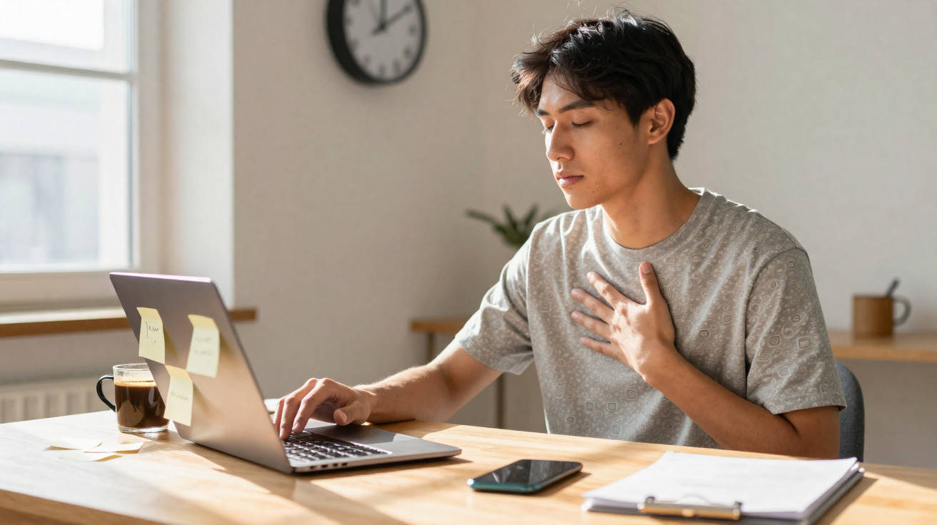 Jovem com dor no peito sentado à mesa, usando laptop em ambiente claro com relógio na parede.