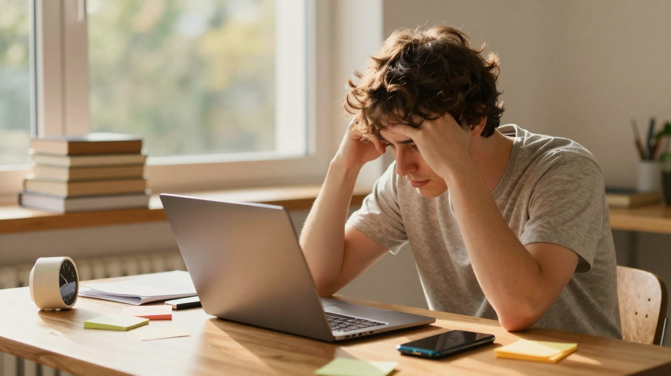 Jovem sentado à mesa com expressão preocupada olhando para o notebook em ambiente claro.