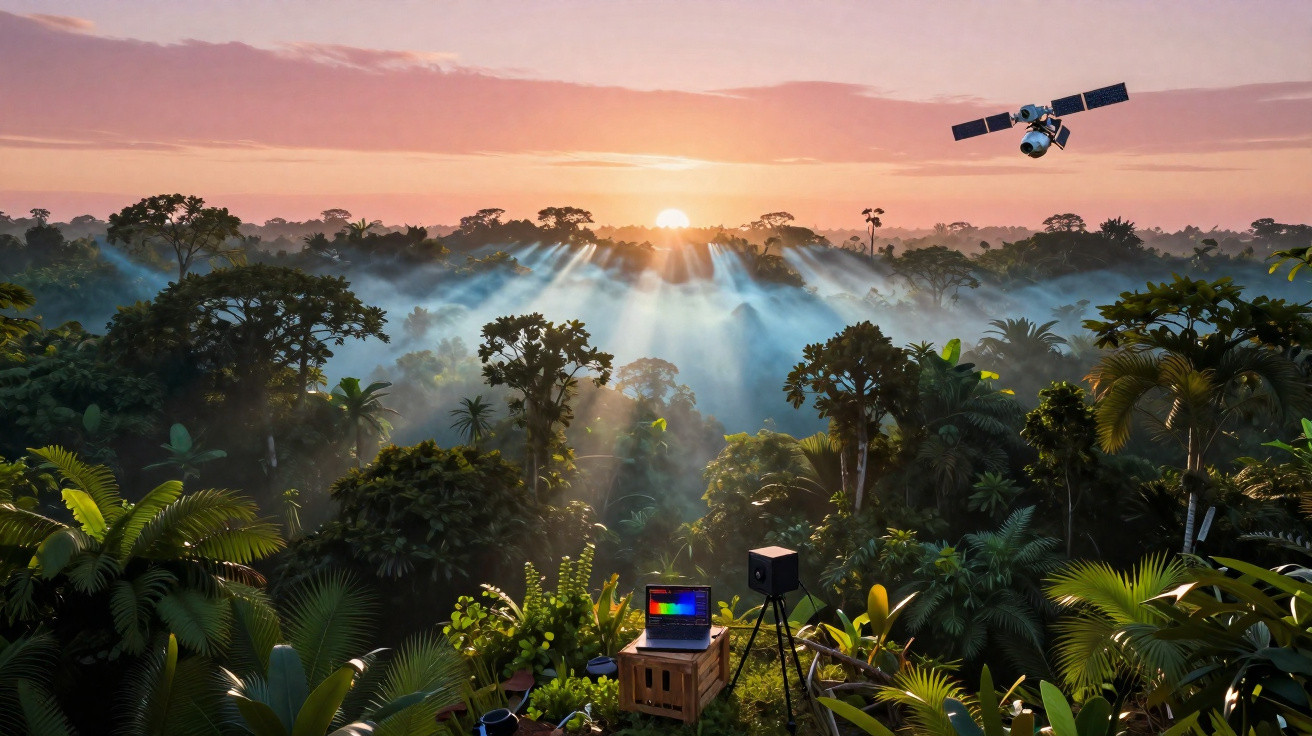 Satélite monitorando floresta tropical ao amanhecer com equipamento tecnológico e luz solar filtrando entre as árvores.
