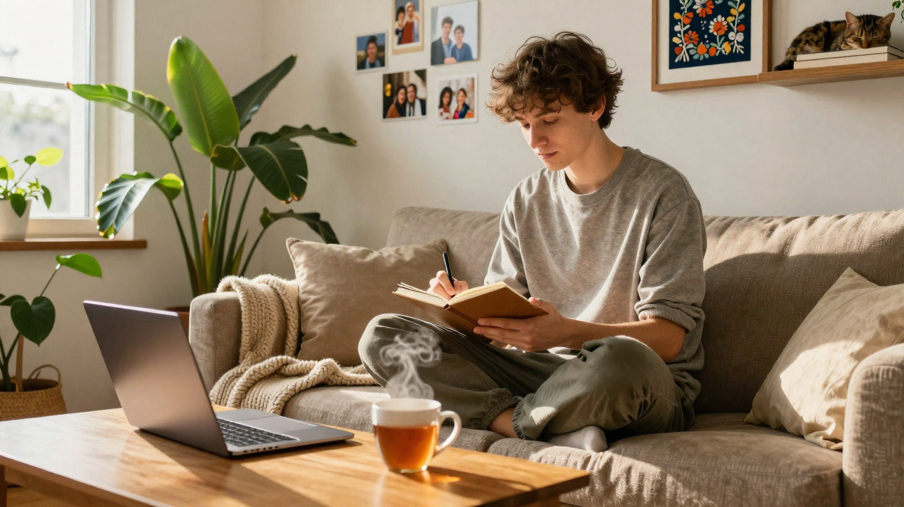 Jovem sentado no sofá escrevendo em caderno com laptop na mesa e xícara de chá fumegante em ambiente iluminado.