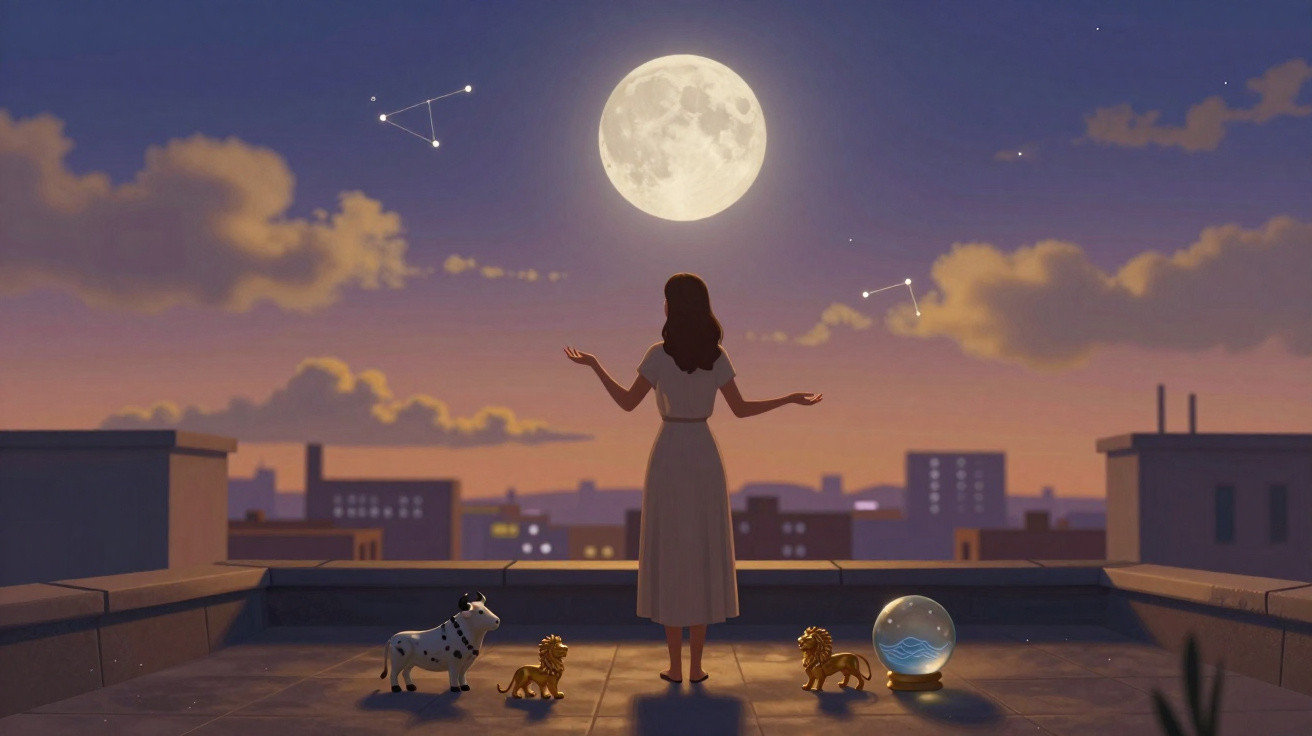 Mulher de vestido branco em telhado ao entardecer com lua cheia, constelações, dois leões, cachorro e bola de cristal.