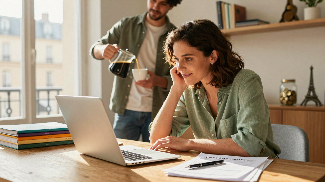 Mulher trabalhando no laptop enquanto homem serve café em copo branco em ambiente caseiro.