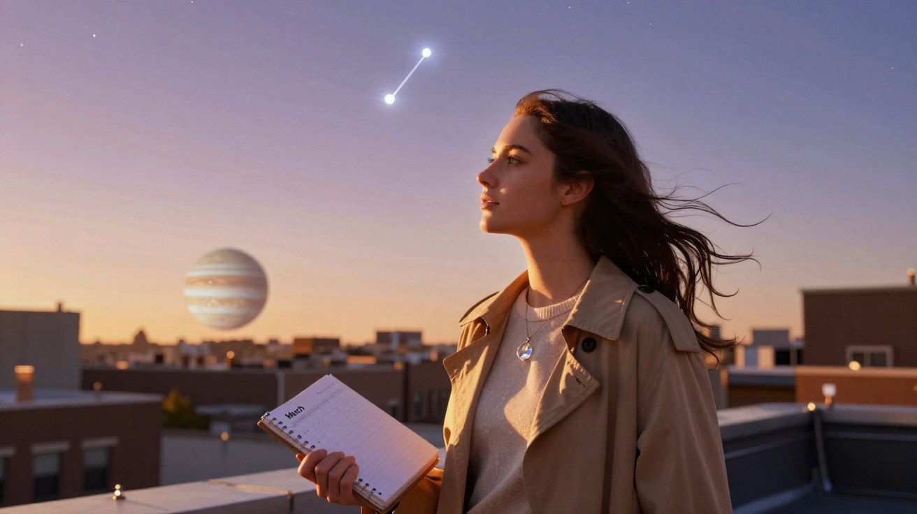 Mulher observa céu ao pôr do sol segurando caderno, com planeta e constelação visíveis acima da cidade.