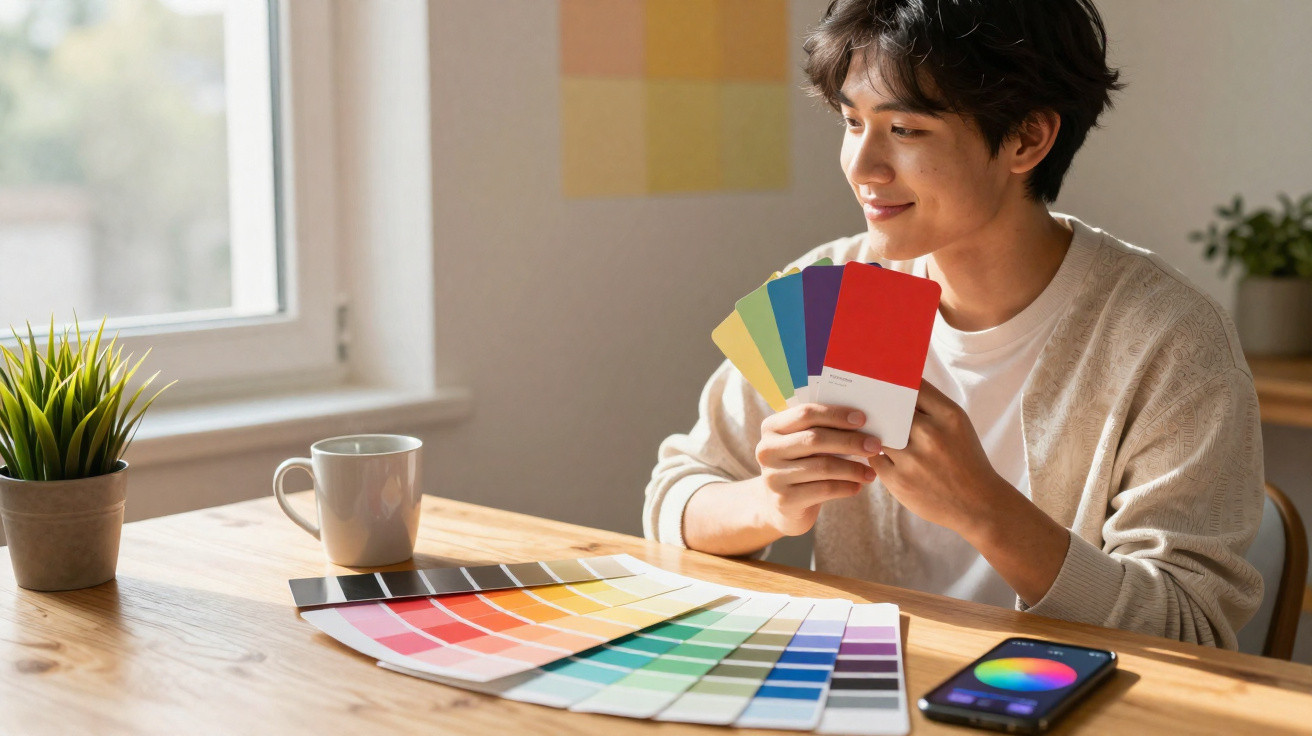 Jovem sorrindo segurando amostras de cores em ambiente iluminado, com paleta de cores sobre a mesa.