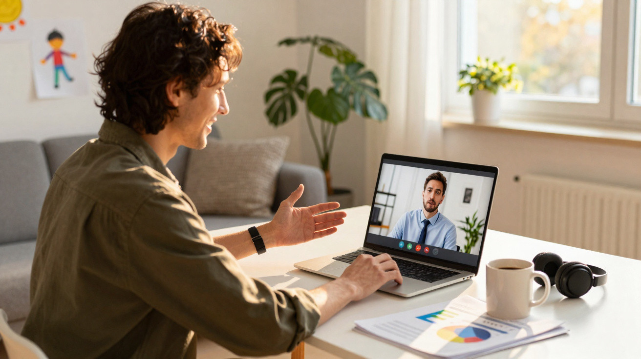 Homem conversando por videochamada com outra pessoa no laptop em mesa com café e documentos.