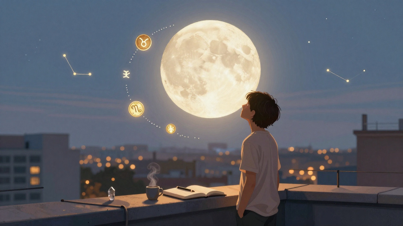 Ilustração de pessoa observando a lua cheia e símbolos de zodíaco brilhantes no céu noturno da cidade.