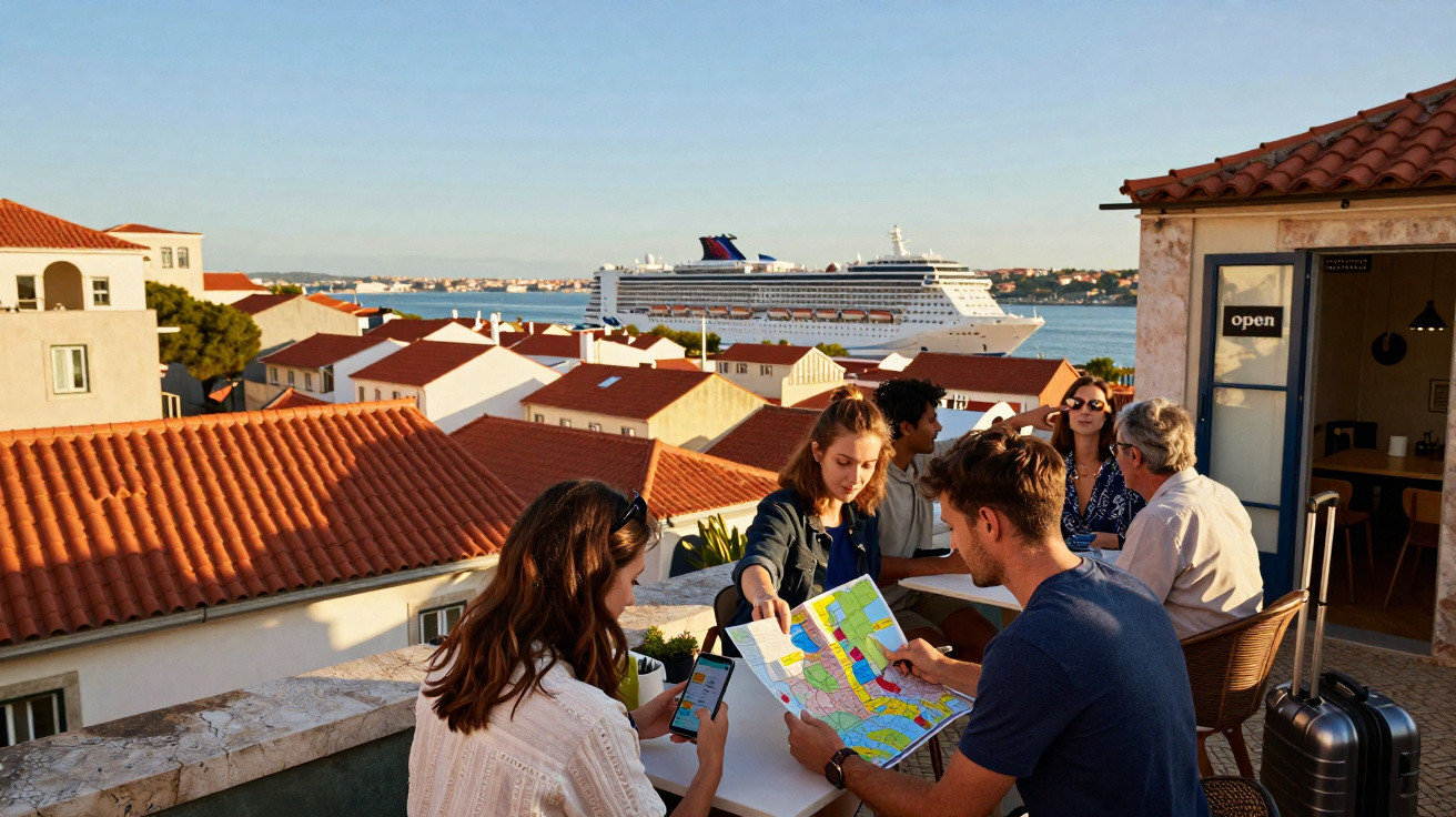 Grupo de pessoas em varanda planejando viagem com mapa, navio de cruzeiro e casas ao fundo.