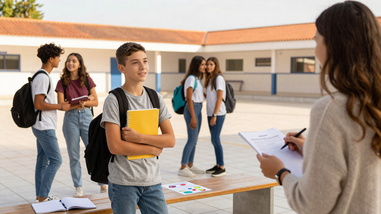 Estudantes conversando no pátio da escola durante o intervalo, com professora anotando em prancheta.