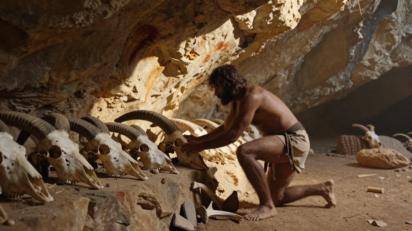 Homem pré-histórico organiza crânios de animais com chifres dentro de uma caverna rochosa.