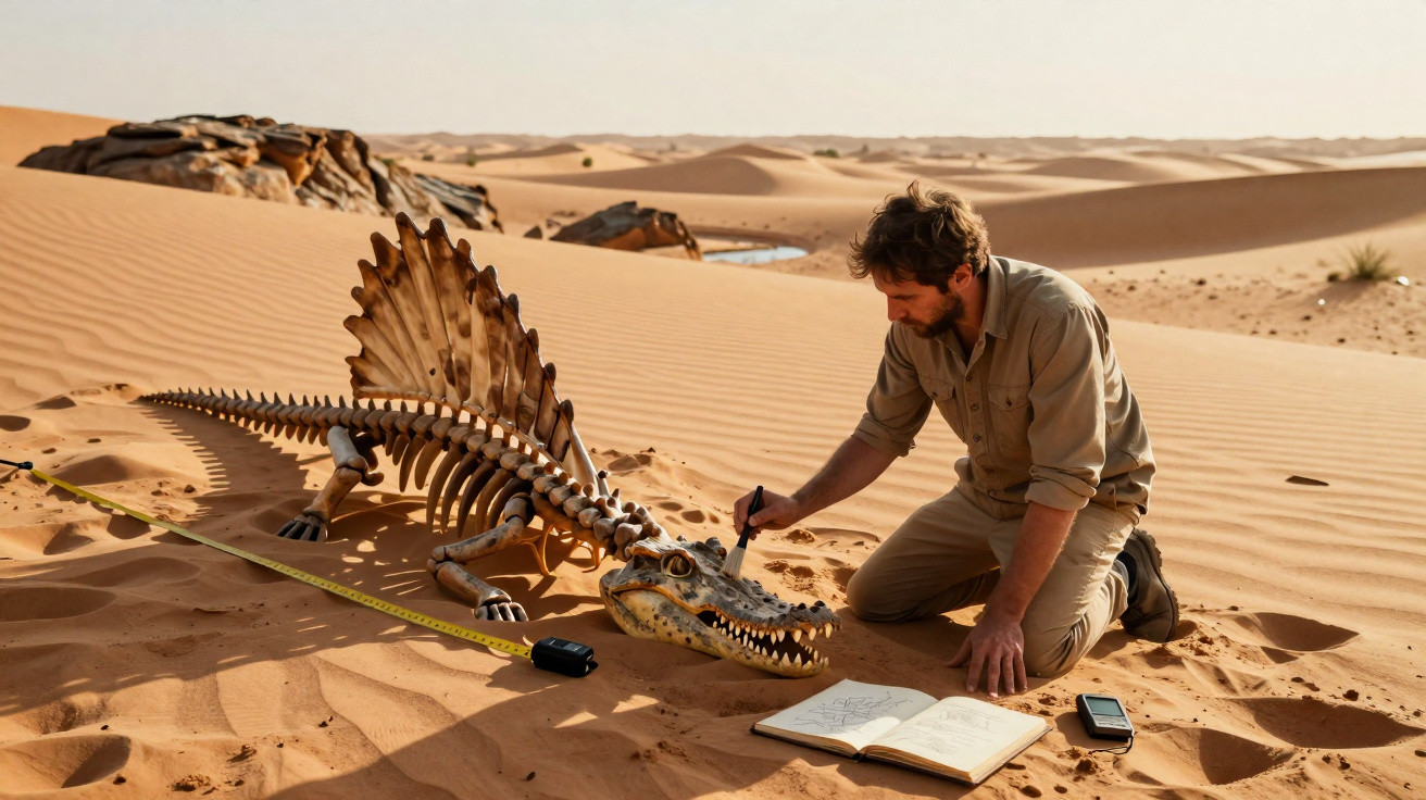 Homem em roupas de explorador examina e desenha esqueleto de dinossauro no deserto, com caderno e celular ao lado.