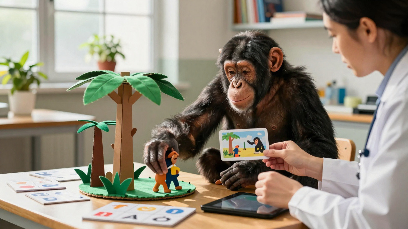 Chimpanzé interage com cientista em ambiente de testes com brinquedos e cartas educativas em mesa.