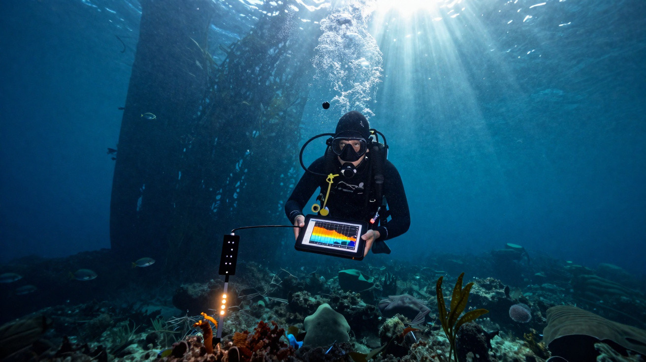 Mergulhador com equipamento de monitoramento realiza estudo marinho em recife com luzes subaquáticas.