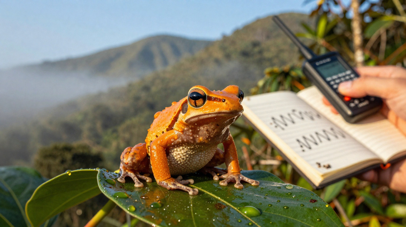 Sapo laranja sobre folha com caderno e rádio comunicador em ambiente de floresta ao fundo.