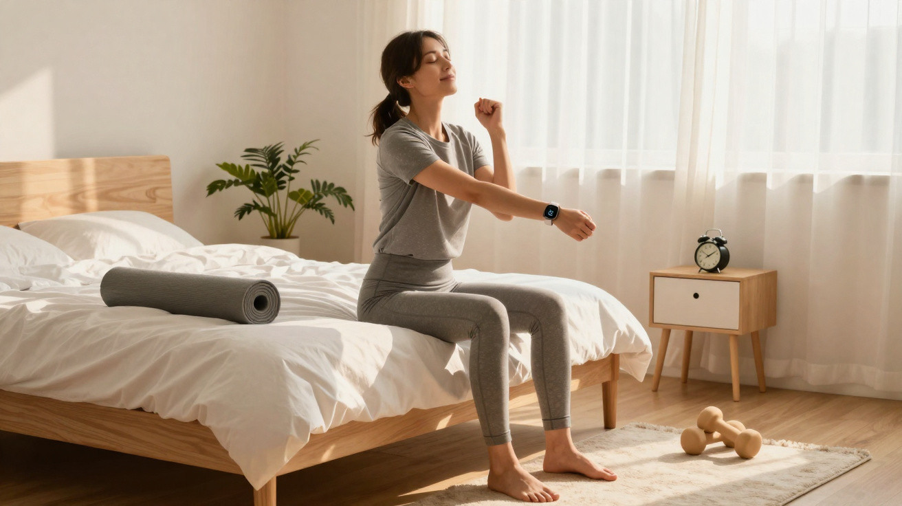 Mulher vestindo roupa cinza sentada na cama esticando os braços ao amanhecer em quarto iluminado.